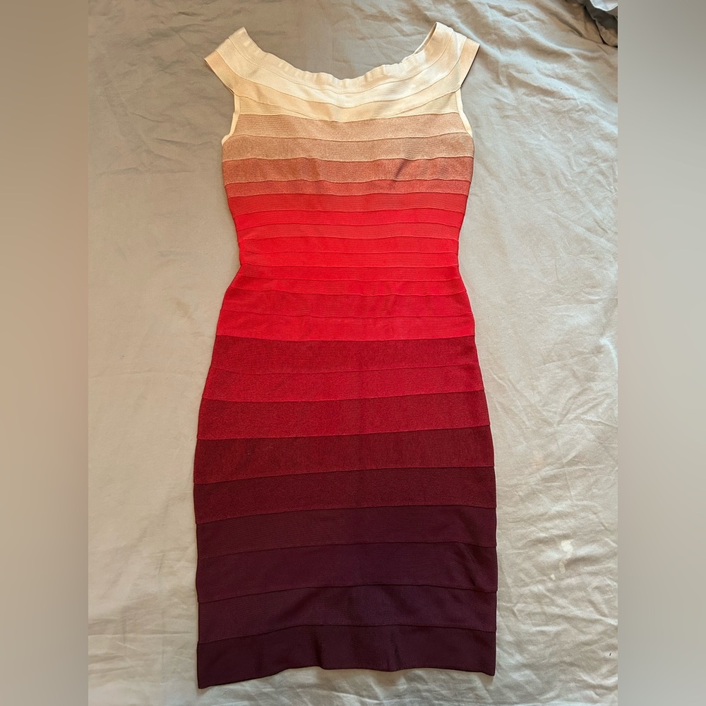 Hervé Léger Ombre Bandage Dress Red Burgundy Cream Bodycon Zip Back